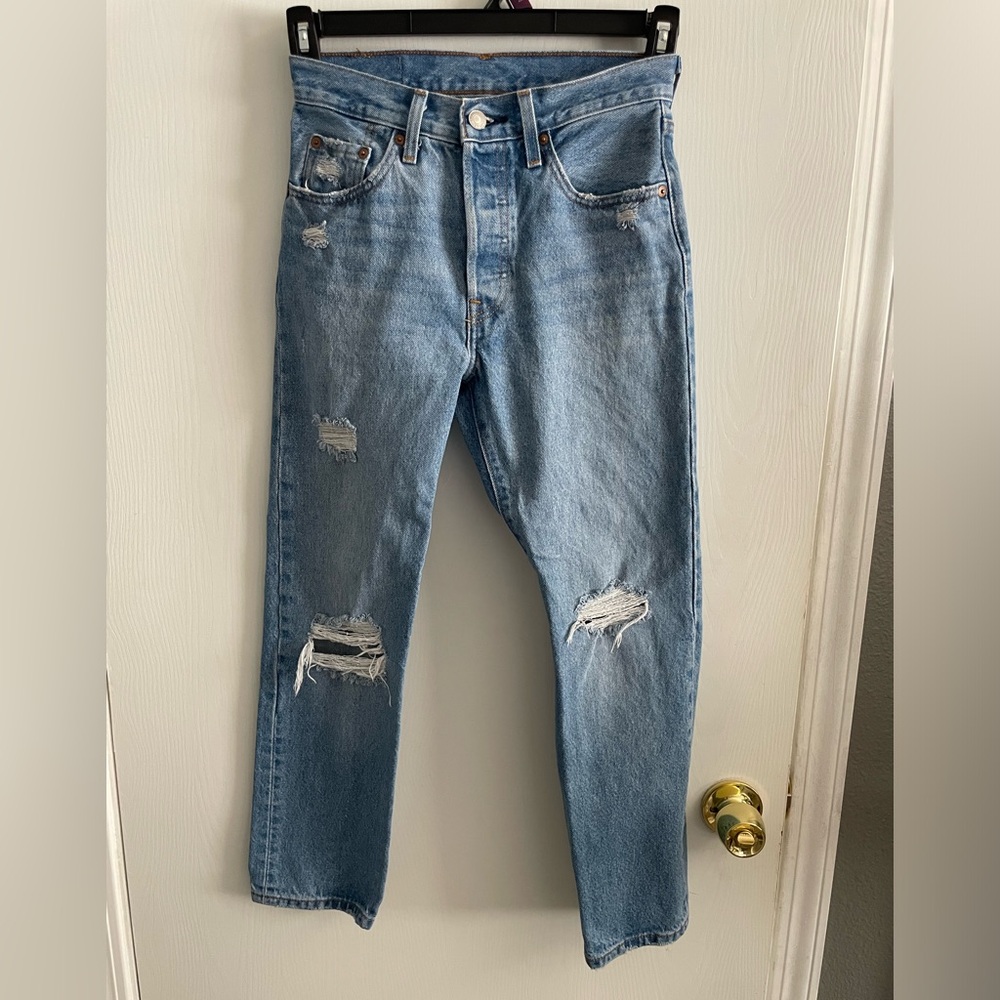 Levi's 501 Light Blue Distressed Ankle Jeans